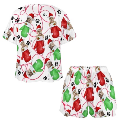 FacePajamas Womens Short Crew Neck-SDS Custom Pet Face Pajamas Cat Gloves Pajama Set Women's Short Sleeve Top and Shorts Loungewear