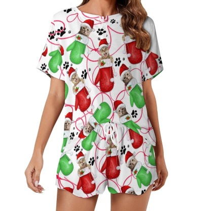 FacePajamas Womens Short Crew Neck-SDS Custom Pet Face Pajamas Cat Gloves Pajama Set Women's Short Sleeve Top and Shorts Loungewear