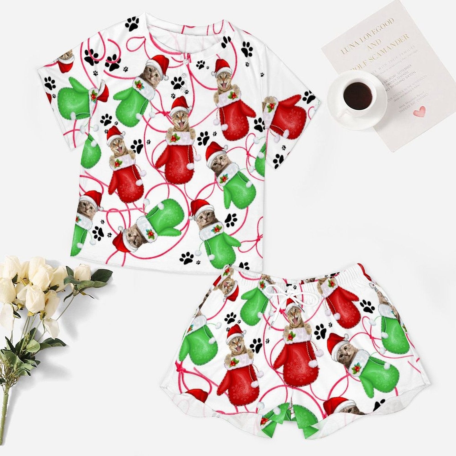 FacePajamas Womens Short Crew Neck-SDS Custom Pet Face Pajamas Cat Gloves Pajama Set Women's Short Sleeve Top and Shorts Loungewear