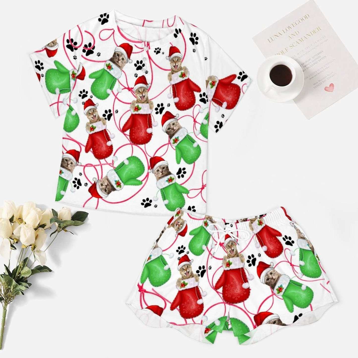 FacePajamas Womens Short Crew Neck-SDS Custom Pet Face Pajamas Cat Gloves Pajama Set Women's Short Sleeve Top and Shorts Loungewear