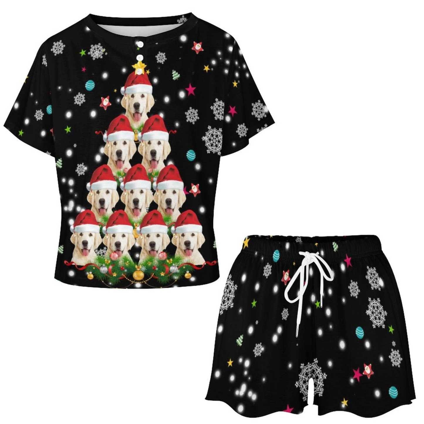 FacePajamas Womens Short Crew Neck-SDS Custom Pet Face Pajamas Christmas Pajama Set Women's Short Sleeve Top and Shorts Loungewear