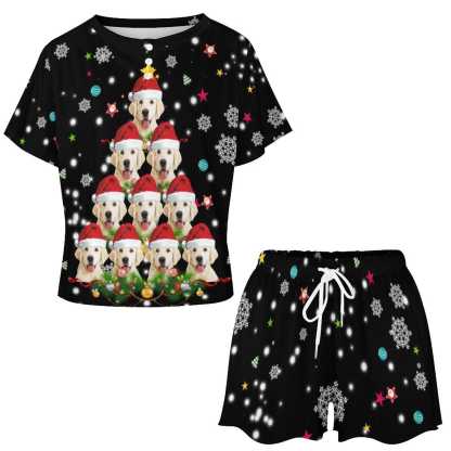 FacePajamas Womens Short Crew Neck-SDS Custom Pet Face Pajamas Christmas Pajama Set Women's Short Sleeve Top and Shorts Loungewear