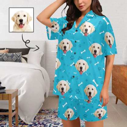FacePajamas Pajama Custom Pet Face Pajamas Dog&Bone Women's V-Neck Short Pajama Set Personalised Sleep or Loungewear For Her