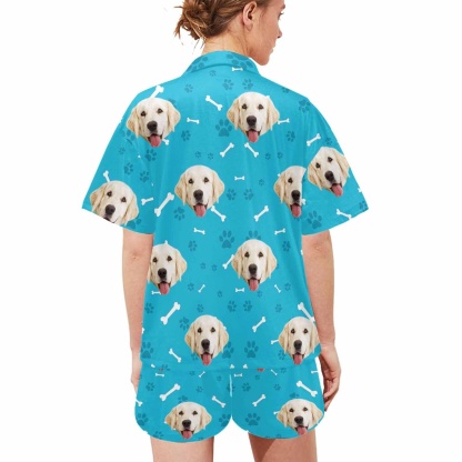 FacePajamas Pajama Custom Pet Face Pajamas Dog&Bone Women's V-Neck Short Pajama Set Personalised Sleep or Loungewear For Her