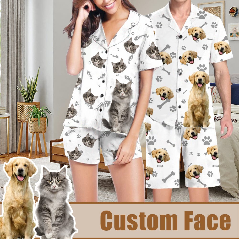 FacePajamas Pajama Custom Pet Matching Pajamas Personalized Face Dog&Cat Couple Matching V-Neck Short Pajama Set Gifts for Couples