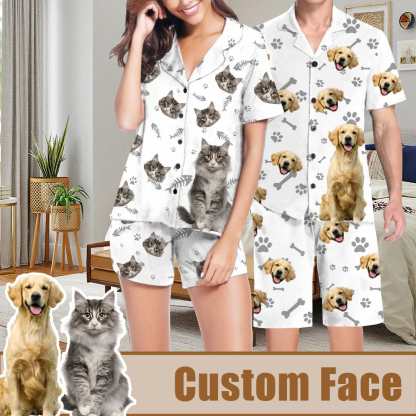 FacePajamas Pajama Custom Pet Matching Pajamas Personalized Face Dog&Cat Couple Matching V-Neck Short Pajama Set Gifts for Couples