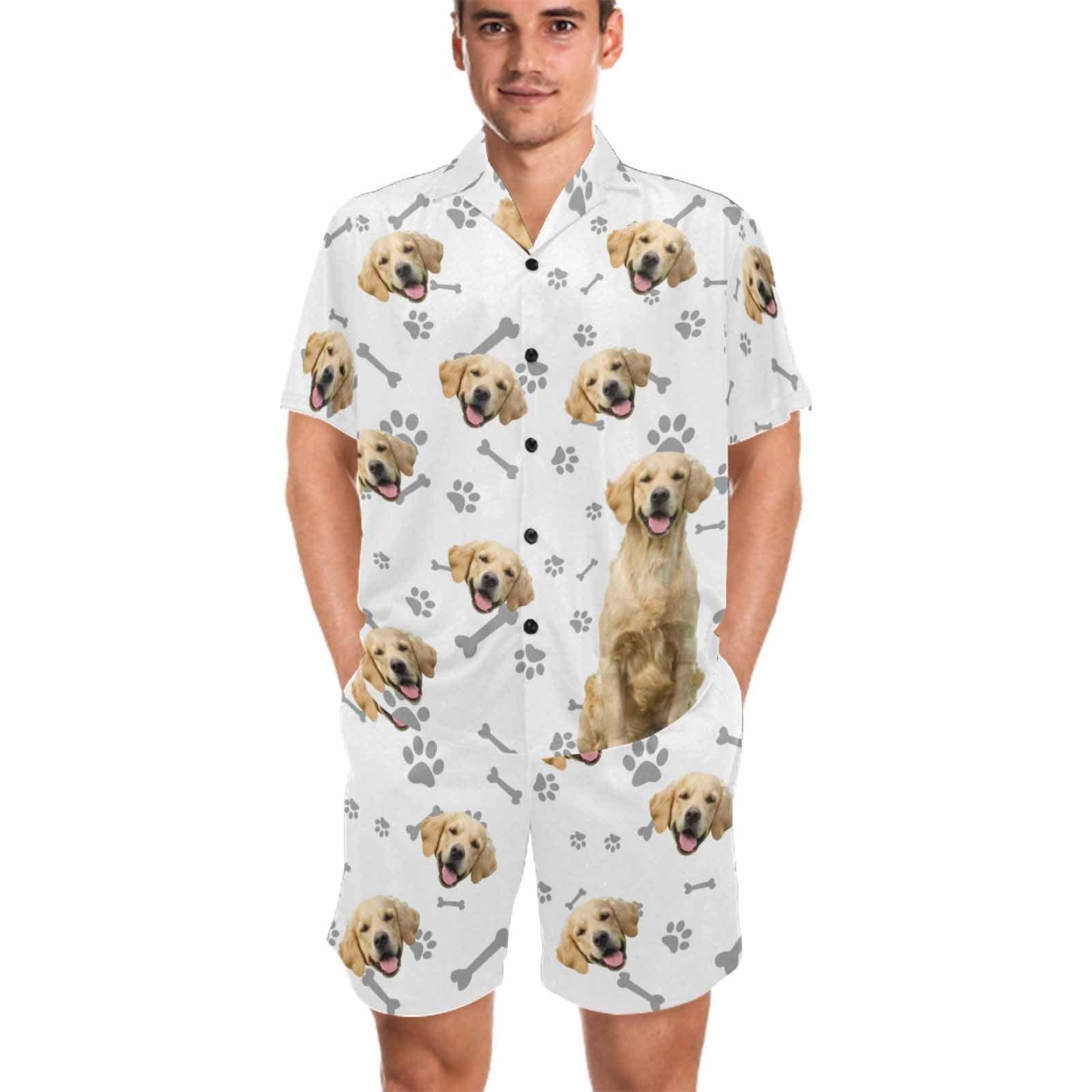 FacePajamas Pajama Custom Pet Matching Pajamas Personalized Face Dog&Cat Couple Matching V-Neck Short Pajama Set Gifts for Couples