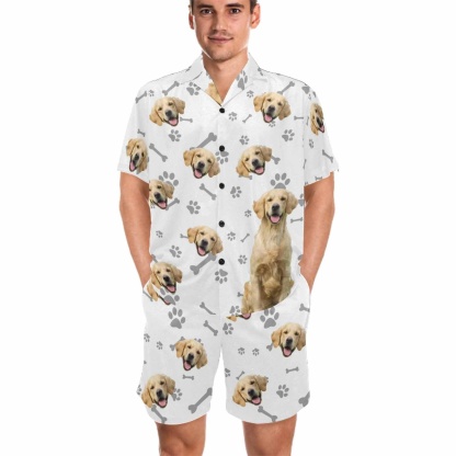 FacePajamas Pajama Custom Pet Matching Pajamas Personalized Face Dog&Cat Couple Matching V-Neck Short Pajama Set Gifts for Couples
