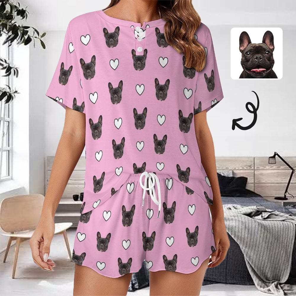 FacePajamas Pajama-2ML-SDS Custom Pet Purple Pajama Set Women's Short Sleeve Top and Shorts Loungewear Athletic Tracksuits