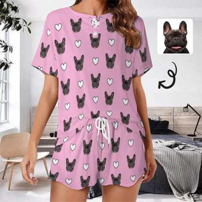 FacePajamas Pajama-2ML-SDS Custom Pet Purple Pajama Set Women's Short Sleeve Top and Shorts Loungewear Athletic Tracksuits