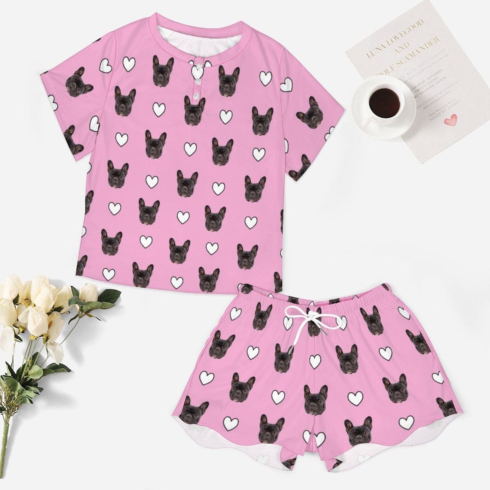 FacePajamas Pajama-2ML-SDS Custom Pet Purple Pajama Set Women's Short Sleeve Top and Shorts Loungewear Athletic Tracksuits