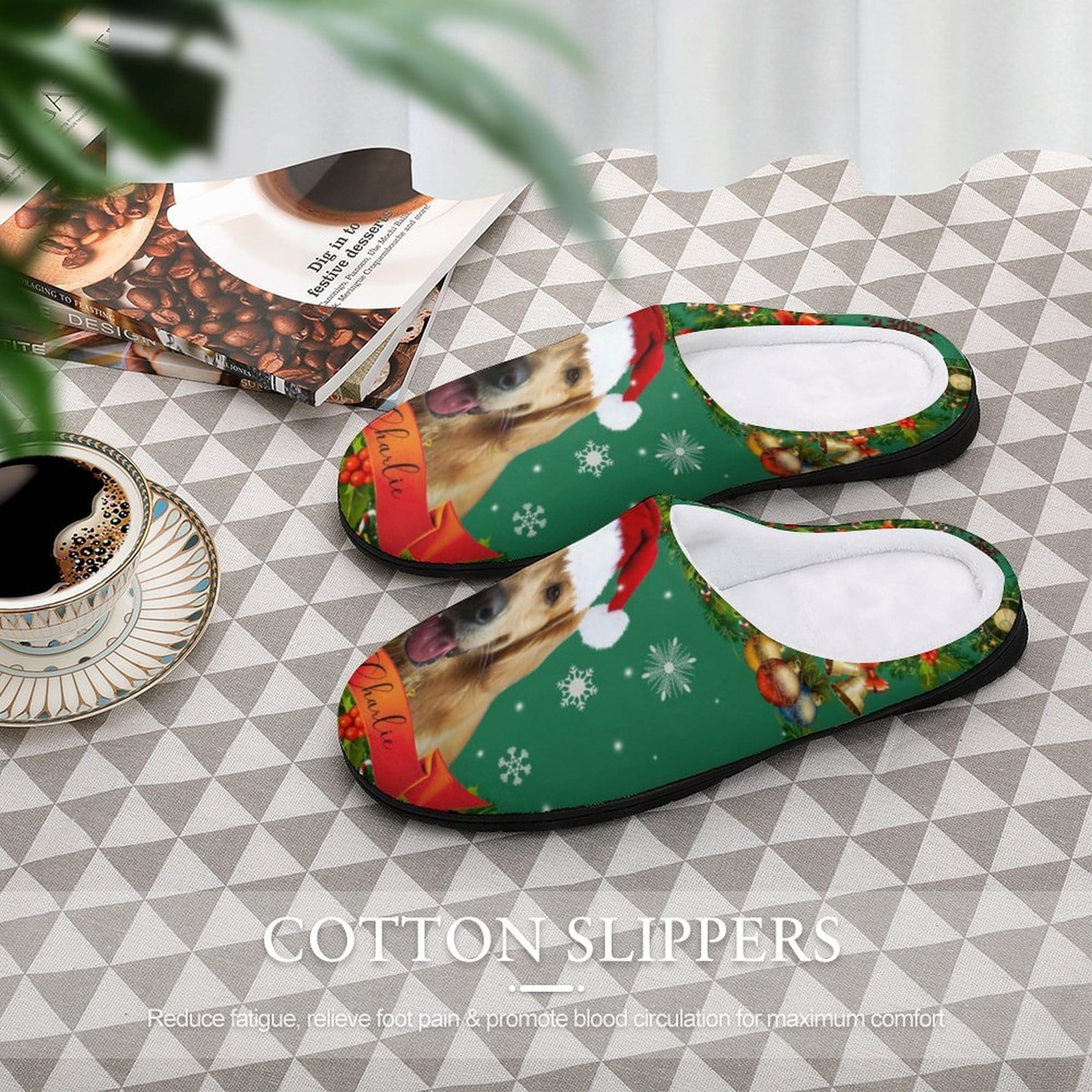 FacePajamas Slippers-2YX-SDS Custom Pet's Photo  & Name Christmas Hat All Over Print Cotton Slippers