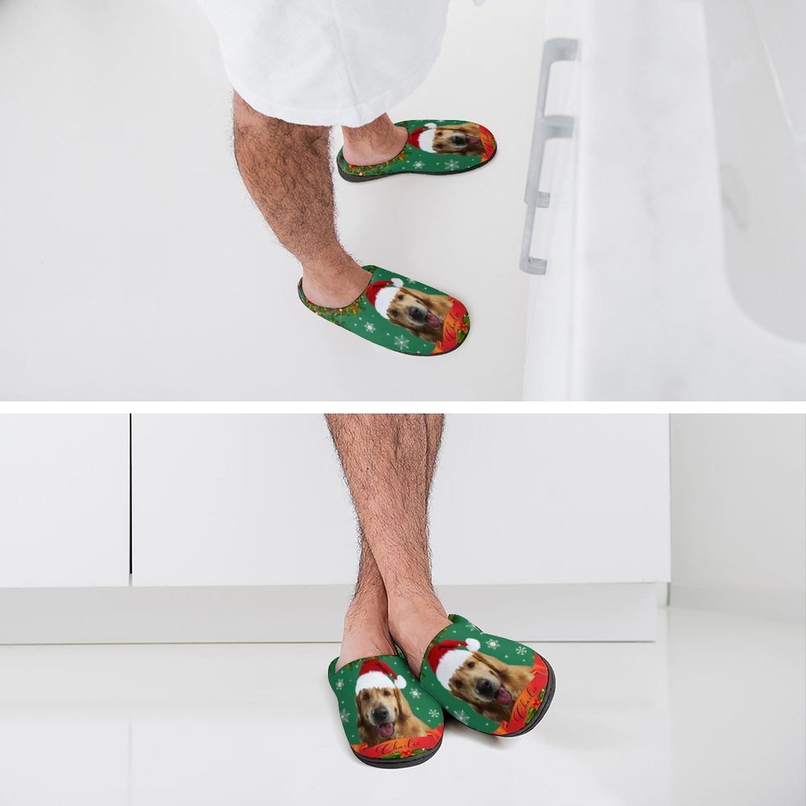 FacePajamas Slippers-2YX-SDS Custom Pet's Photo  & Name Christmas Hat All Over Print Cotton Slippers
