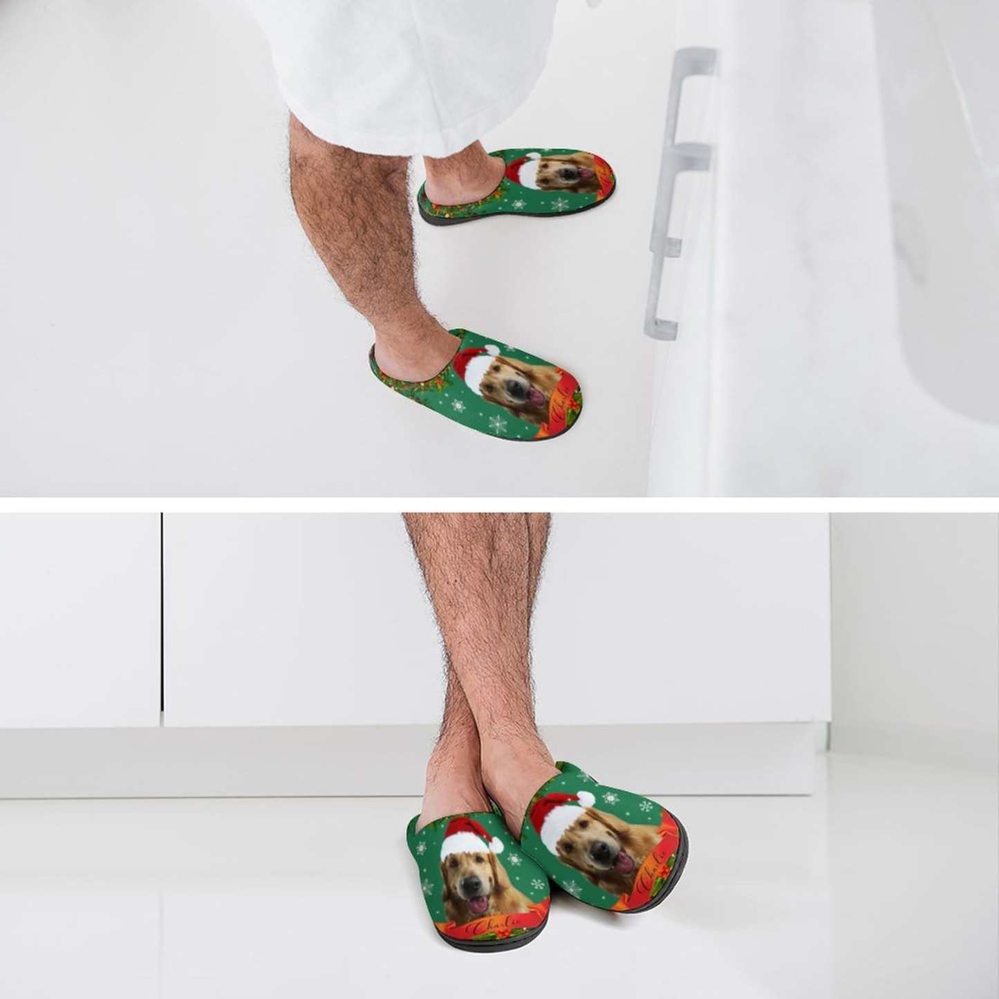 FacePajamas Slippers-2YX-SDS Custom Pet's Photo  & Name Christmas Hat All Over Print Cotton Slippers