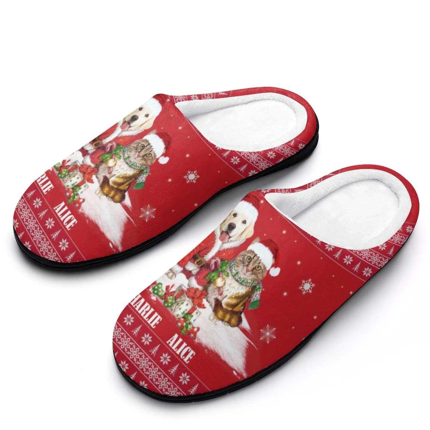 FacePajamas Slippers-2YX-SDS Custom Pet's Photo  & Name Christmas Hat Red All Over Print Cotton Slippers