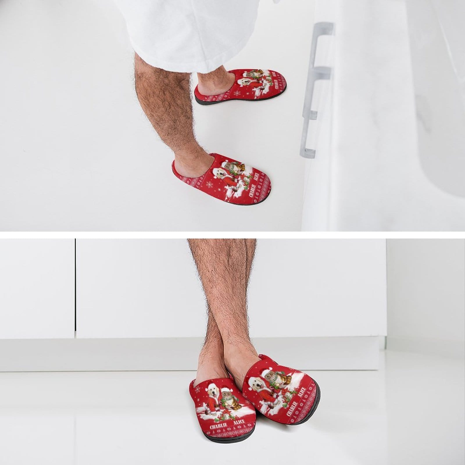 FacePajamas Slippers-2YX-SDS Custom Pet's Photo  & Name Christmas Hat Red All Over Print Cotton Slippers
