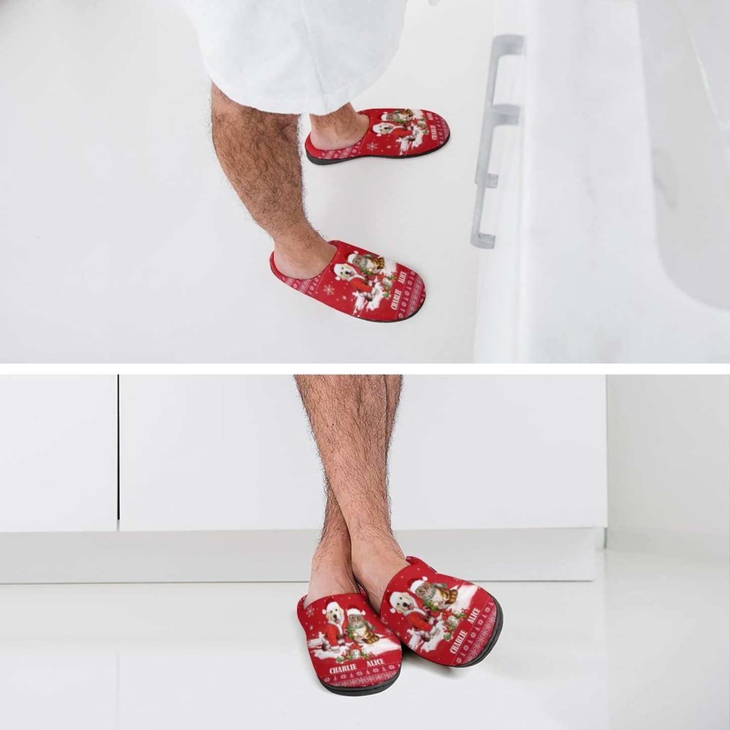 FacePajamas Slippers-2YX-SDS Custom Pet's Photo  & Name Christmas Hat Red All Over Print Cotton Slippers