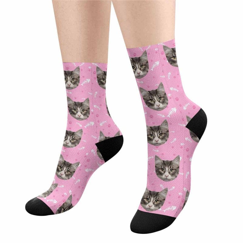 FacePajamas Sublimated Crew Socks Custom Pet Sublimated Crew Socks Personalized Cat Face Novelty Socks Printed Photo Pet Socks Design Your Photo on Socks for Pet Lover