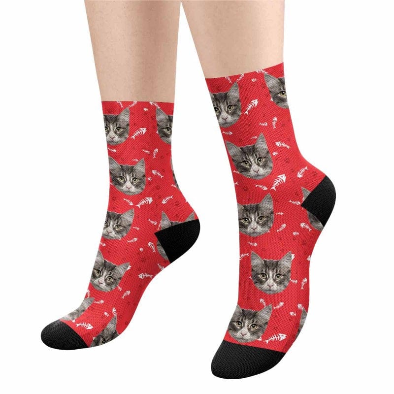 FacePajamas Sublimated Crew Socks Custom Pet Sublimated Crew Socks Personalized Cat Face Novelty Socks Printed Photo Pet Socks Design Your Photo on Socks for Pet Lover