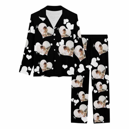 FacePajamas Pajama Custom Photo Black Background Pajamas Sweety Couple Love Heart Sleepwear Personalized Women's Long Pajama Set