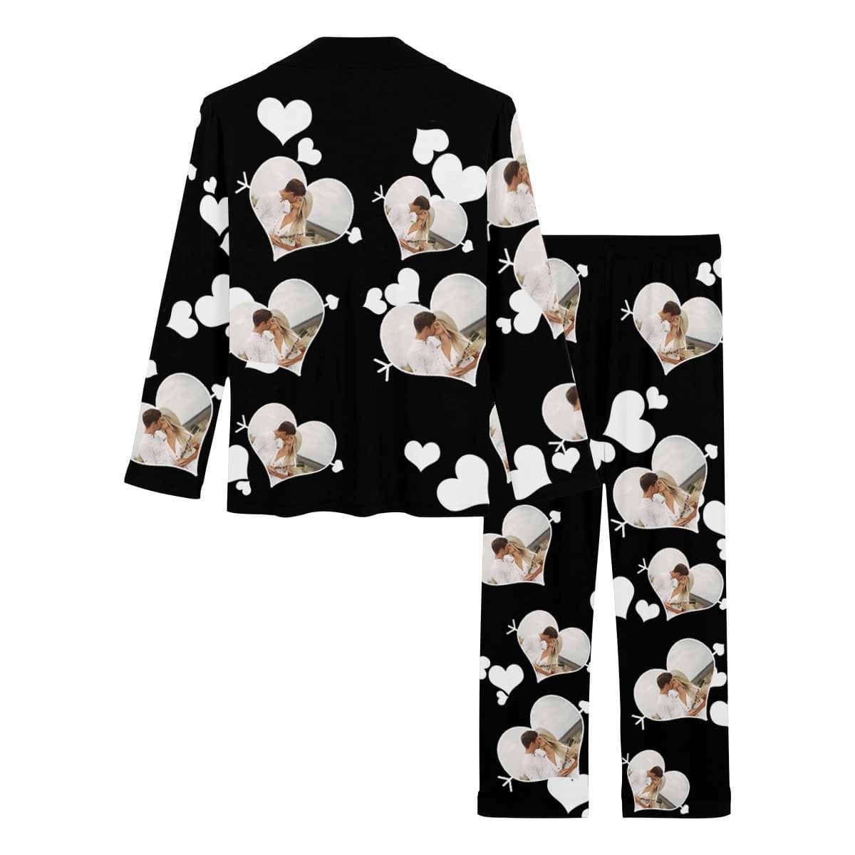 FacePajamas Pajama Custom Photo Black Background Pajamas Sweety Couple Love Heart Sleepwear Personalized Women's Long Pajama Set