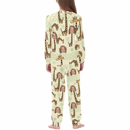 FacePajamas Pajama Custom Photo Cartoon Pajama Sleepwear Sets Giraffe light Yellow Personalized Kids Long Sleeve Pajamas Set