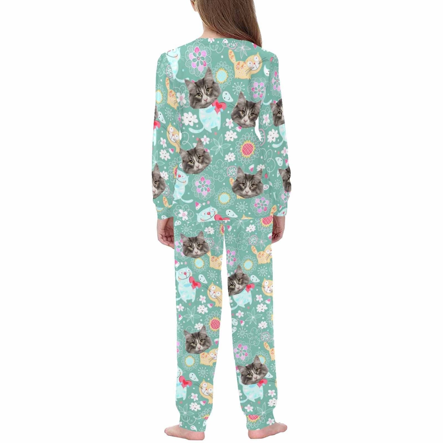 FacePajamas Pajama Custom Photo Cartoon Pajamas Cat light Green Sleepwear Personalized Kids Long Sleeve Pajama Set