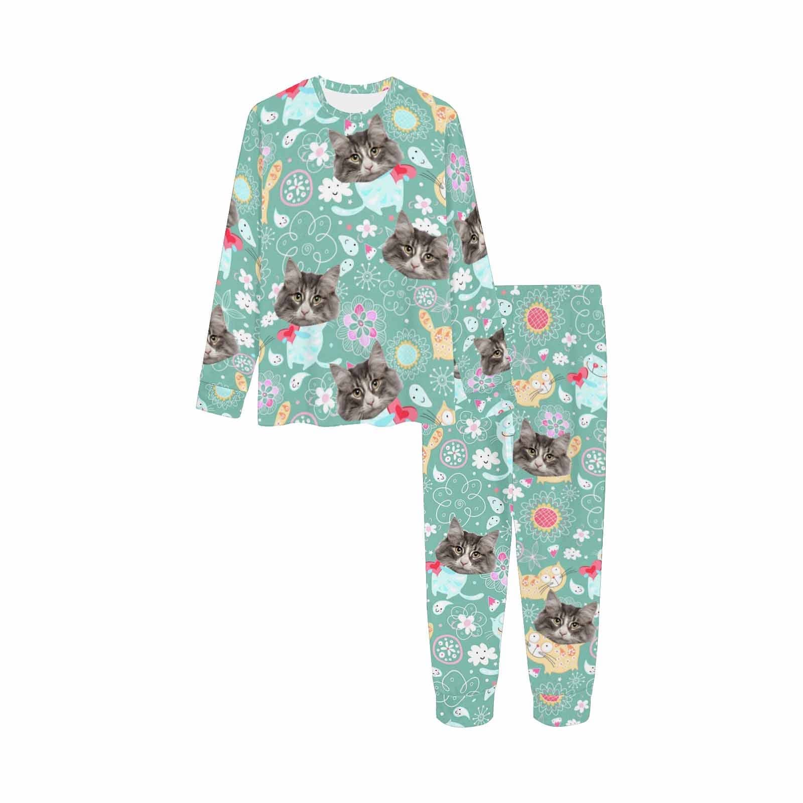 FacePajamas Pajama Custom Photo Cartoon Pajamas Cat light Green Sleepwear Personalized Kids Long Sleeve Pajama Set