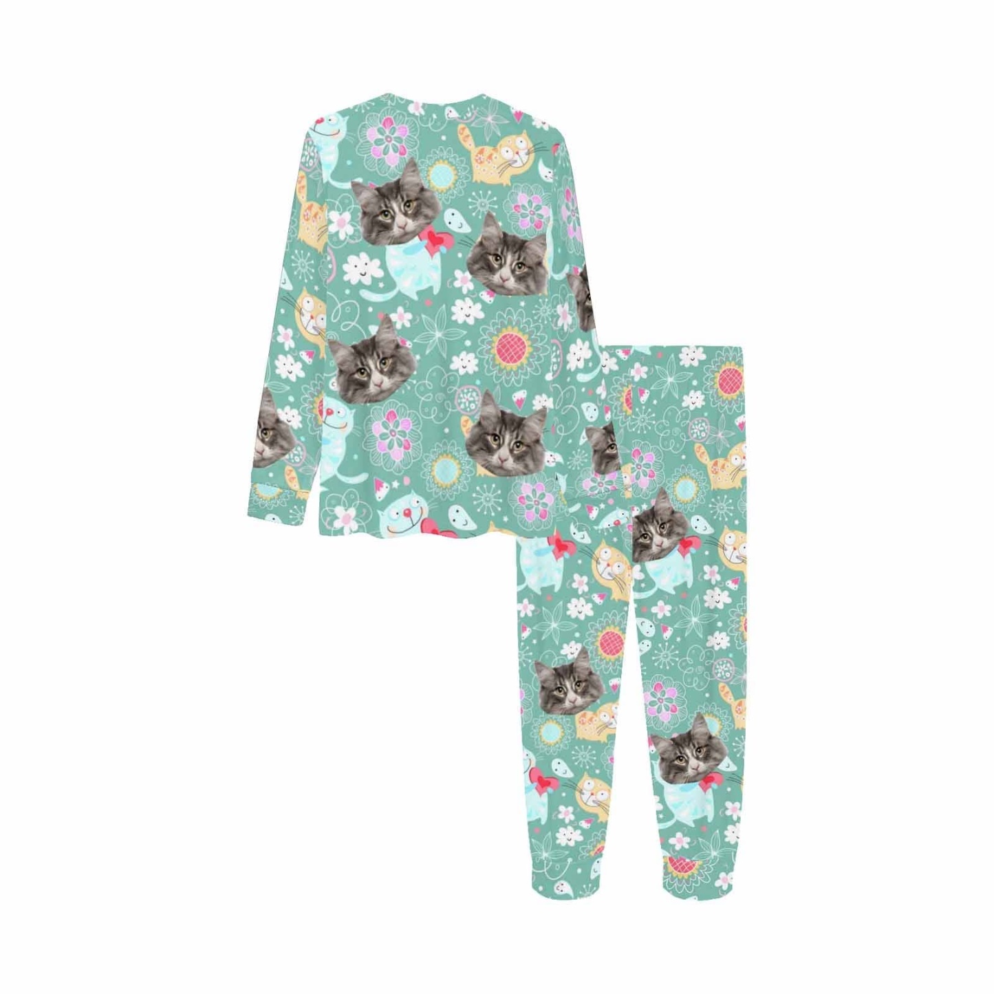 FacePajamas Pajama Custom Photo Cartoon Pajamas Cat light Green Sleepwear Personalized Kids Long Sleeve Pajama Set