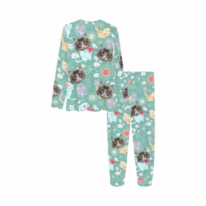 FacePajamas Pajama Custom Photo Cartoon Pajamas Cat light Green Sleepwear Personalized Kids Long Sleeve Pajama Set