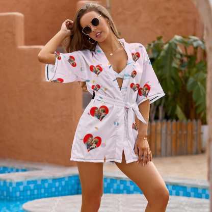 FacePajamas Pajama-2YX-SDS Custom Photo Couple Love Women's Summer Short Sleepwear Funny Personalized Photo Pajamas Kimono Robe