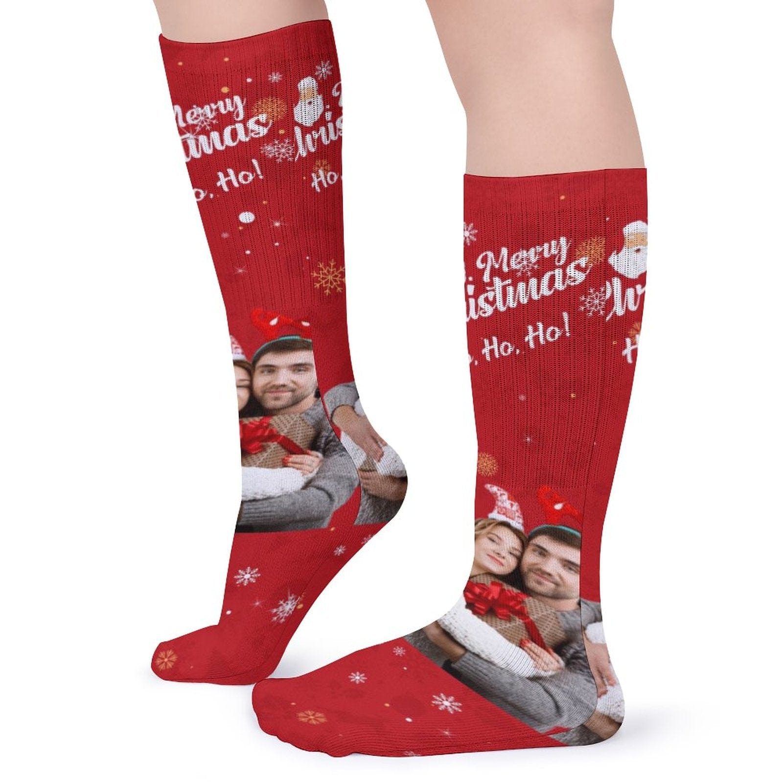FacePajamas Sublimated Crew Socks-2WH-SDS Custom Photo Couple Red Background Sublimated Crew Socks Personalized Funny Photo Socks Gift for Christmas