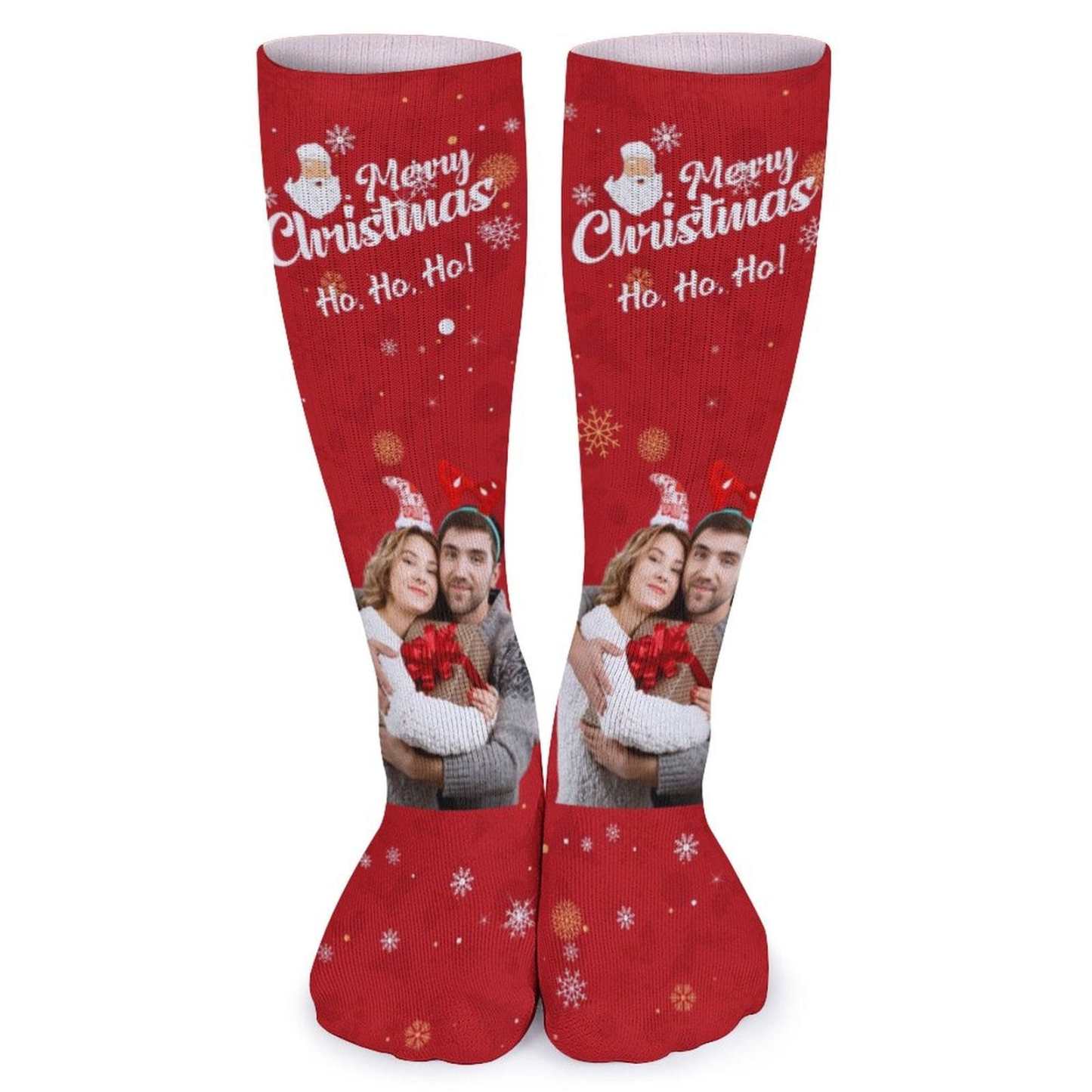 FacePajamas Sublimated Crew Socks-2WH-SDS Custom Photo Couple Red Background Sublimated Crew Socks Personalized Funny Photo Socks Gift for Christmas
