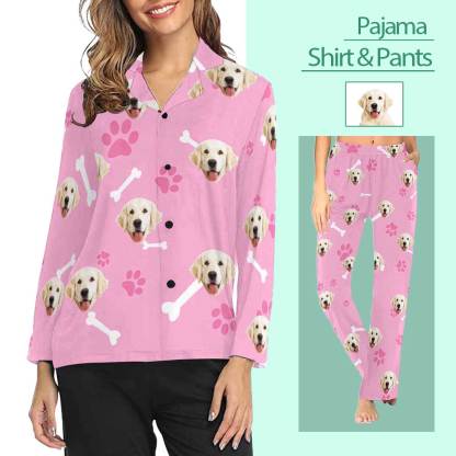 FacePajamas Pajama Custom Photo My Pet Dog Sleepwear Personalized Women's Slumber Party Long Pajama Shirt&Pants