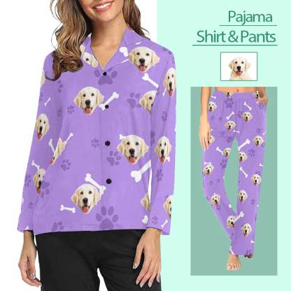 FacePajamas Pajama Custom Photo My Pet Dog Sleepwear Personalized Women's Slumber Party Long Pajama Shirt&Pants