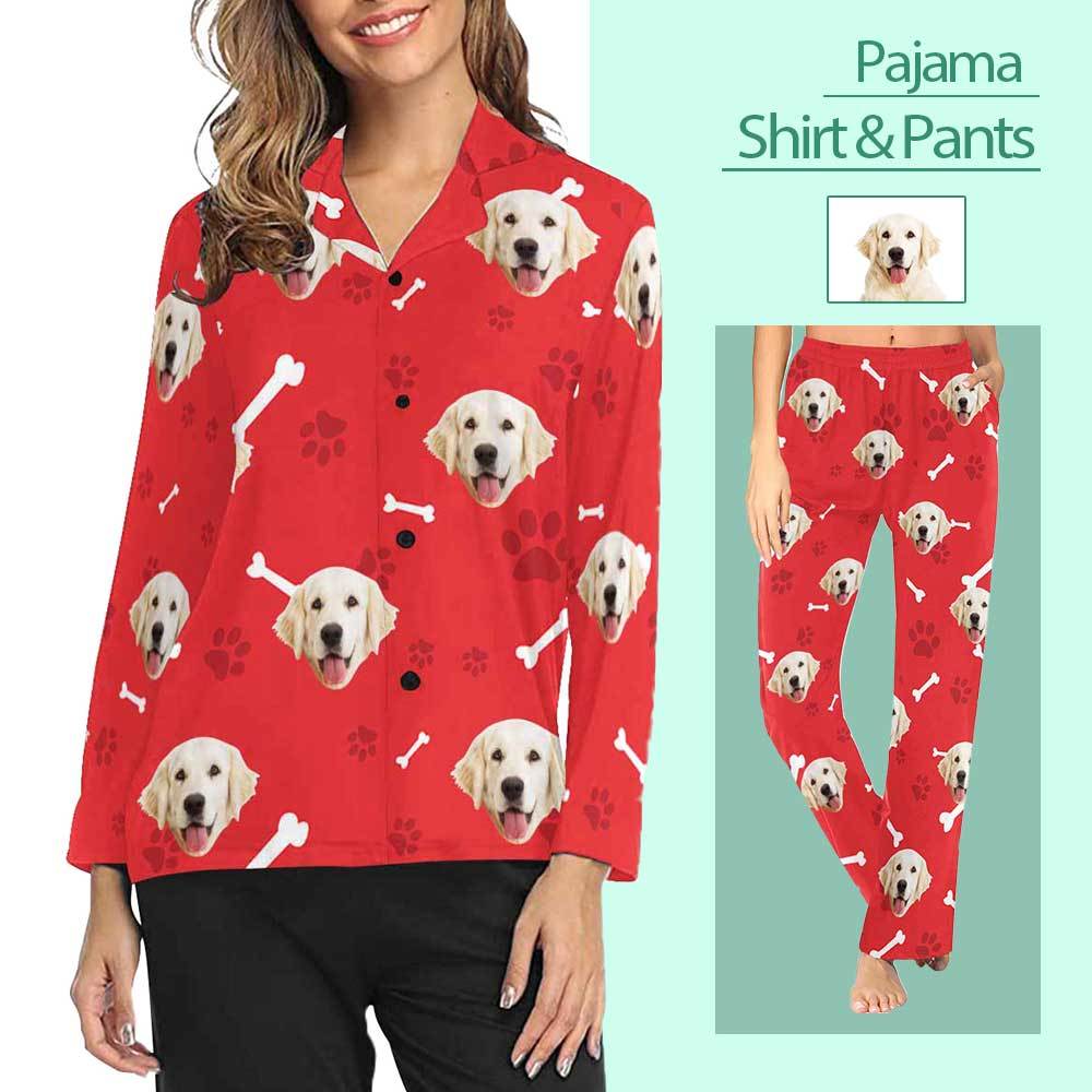 FacePajamas Pajama Custom Photo My Pet Dog Sleepwear Personalized Women's Slumber Party Long Pajama Shirt&Pants