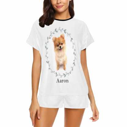 FacePajamas Pajama Custom Photo&Name Pajamas Grass Circle Loungewear Personalized Pet Photo Women's Short Pajama Set