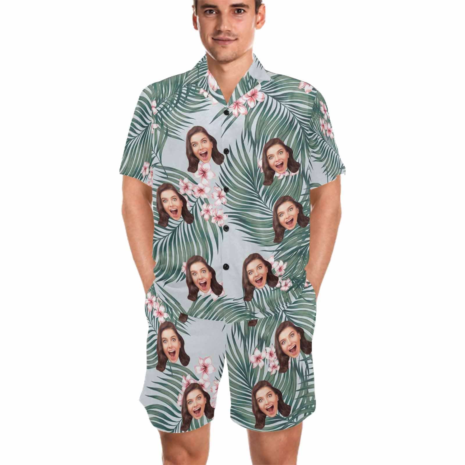 FacePajamas Pajama Custom Photo Pajamas Flower&Leaves Summer Loungewear Personalized Men's V-Neck Short Sleeve Pajama Set