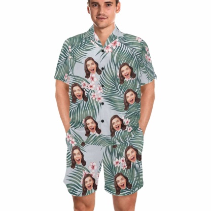 FacePajamas Pajama Custom Photo Pajamas Flower&Leaves Summer Loungewear Personalized Men's V-Neck Short Sleeve Pajama Set