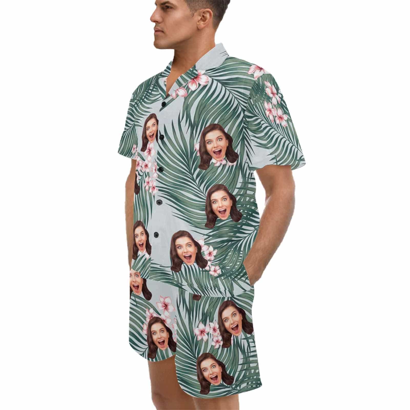 FacePajamas Pajama Custom Photo Pajamas Flower&Leaves Summer Loungewear Personalized Men's V-Neck Short Sleeve Pajama Set