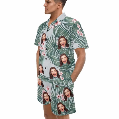 FacePajamas Pajama Custom Photo Pajamas Flower&Leaves Summer Loungewear Personalized Men's V-Neck Short Sleeve Pajama Set