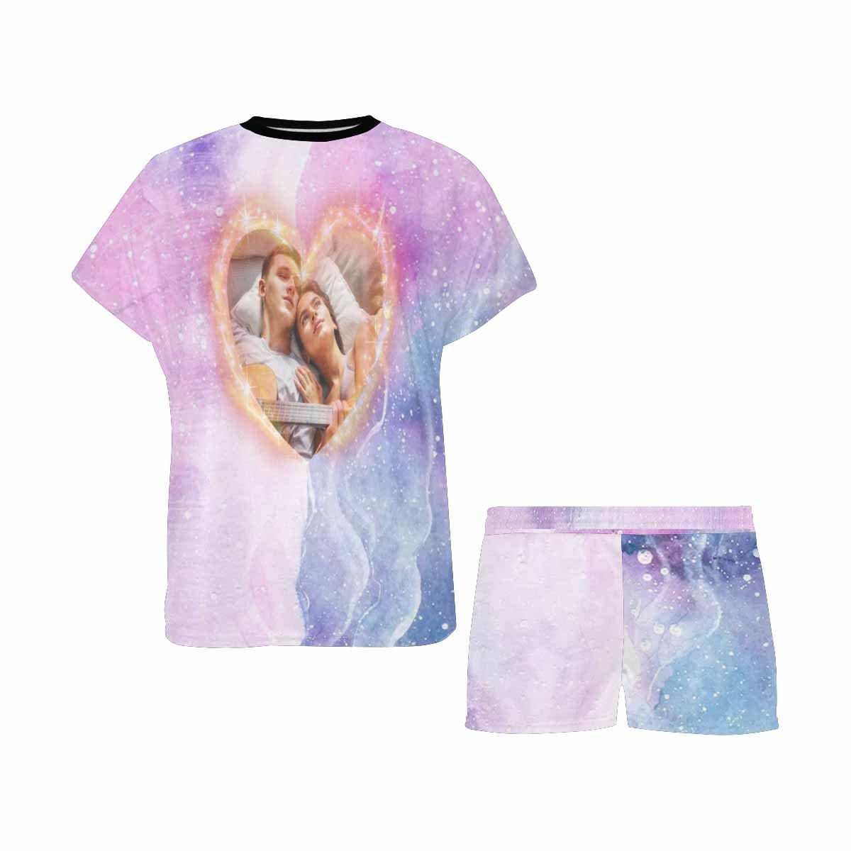FacePajamas Pajama Custom Photo Pajamas for Women Purple Galaxy Sleepwear Personalized Loving Couple Women's Short Pajama Set