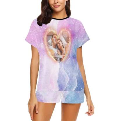 FacePajamas Pajama Custom Photo Pajamas for Women Purple Galaxy Sleepwear Personalized Loving Couple Women's Short Pajama Set
