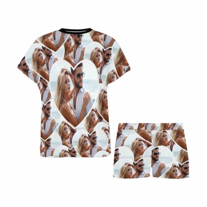 FacePajamas Pajama Custom Photo Pajamas in Heart Sleepwear Personalized Women's Short Pajama Set Valentines Gift