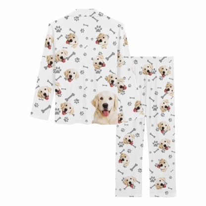 FacePajamas Pajama Custom Photo Pajamas My Pet Dog Paw and Bone White Background Sleepwear Personalized Women's Long Pajama Set