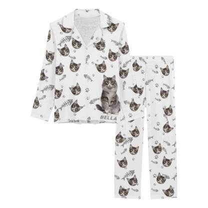FacePajamas Pajama Custom Photo Pajamas My Pet Dog Paw and Bone White Background Sleepwear Personalized Women's Long Pajama Set