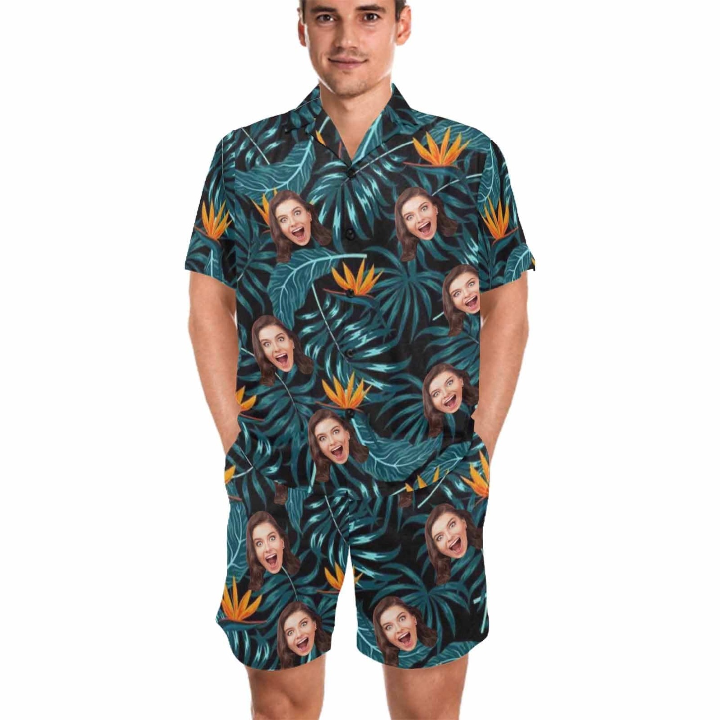 FacePajamas Pajama Custom Photo Pajamas Palm Leaves Summer Loungewear Personalized Men's V-Neck Short Sleeve Pajama Set