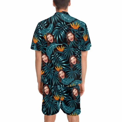 FacePajamas Pajama Custom Photo Pajamas Palm Leaves Summer Loungewear Personalized Men's V-Neck Short Sleeve Pajama Set