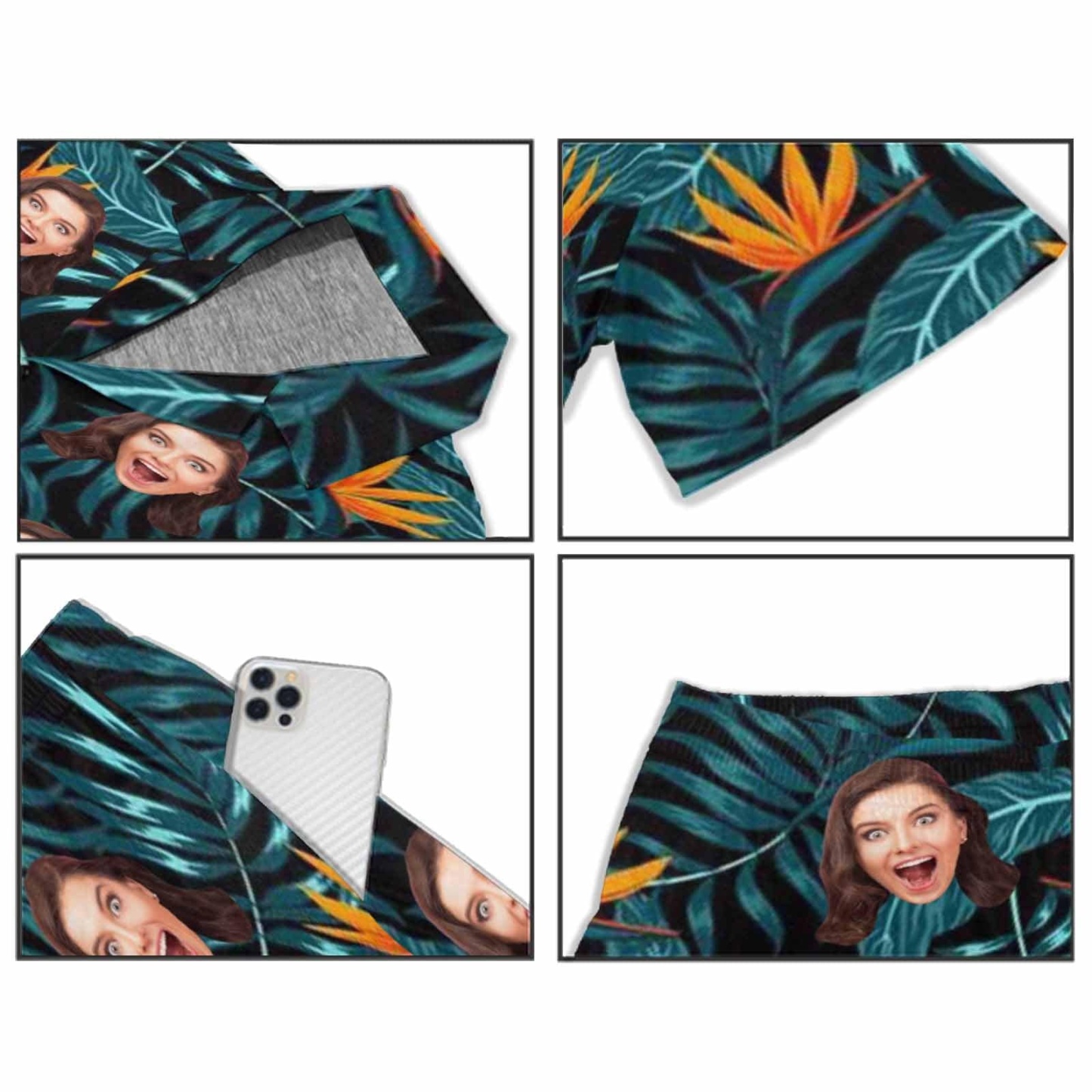 FacePajamas Pajama Custom Photo Pajamas Palm Leaves Summer Loungewear Personalized Men's V-Neck Short Sleeve Pajama Set