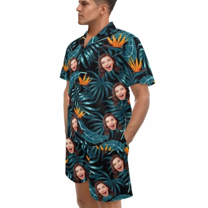 FacePajamas Pajama Custom Photo Pajamas Palm Leaves Summer Loungewear Personalized Men's V-Neck Short Sleeve Pajama Set